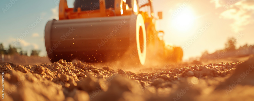 Poster image captures construction scene with roller compactor working on dirt surface, creating dust in wa