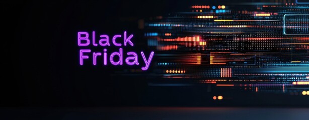 Glowing neon Black Friday concept in digital marketing design. A vibrant digital design highlighting "Black Friday" featuring colorful light trails and a modern aesthetic