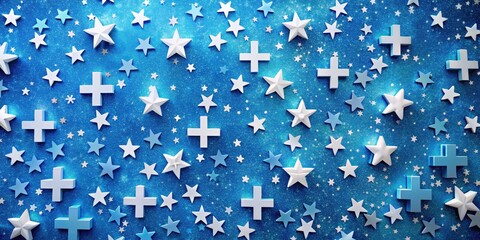 Abstract Medical Cross Pattern in White on Blue Background with Stars, Artistic Representation of Health and Mathematics, Creative Design for Medical and Educational Themes