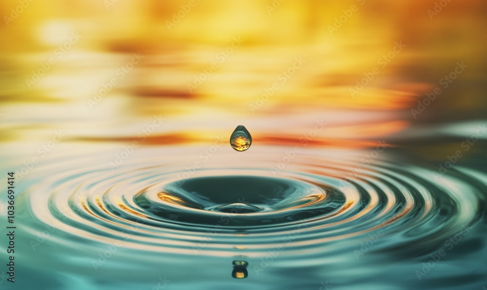 Poster a serene image capturing a water droplet creating ripples on the surface, with a beautiful backgroun