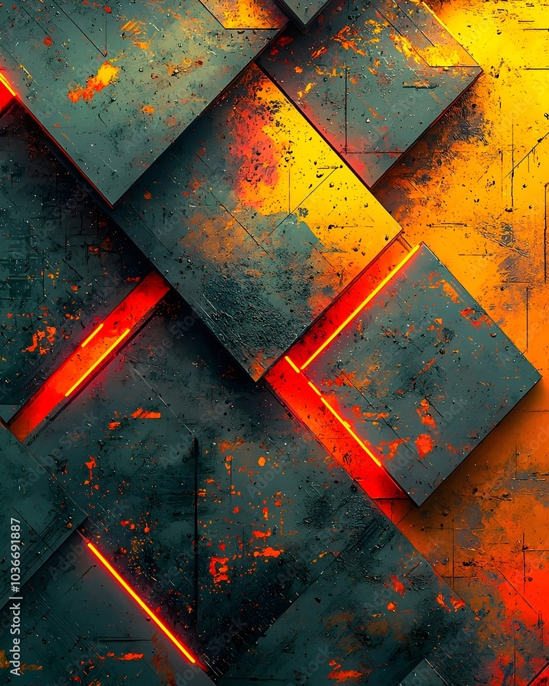 Poster abstract composition featuring dark, textured geometric shapes illuminated by vibrant orange and yel
