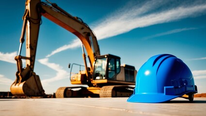 Blue Hard Hat on Construction Site with Excavator in Background.