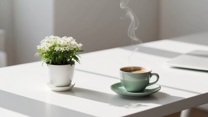 Workspace with Plant and Coffee on a White Surface.