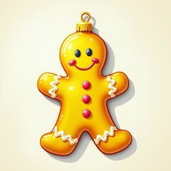 Naklejka premium Yellow gingerbread-shaped Christmas tree ornament, perfectly smooth and polished, set against a white background. A realistic and vibrant holiday decoration.