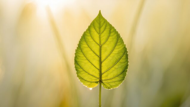 A tight shot of a green leaf under bright sun contrasted by a blurred foreground.