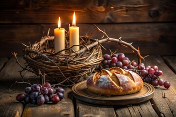 Obraz premium Rustic bread, grapes, and a vintage crown of thorns create a stunning table setting, embodying the profound themes of suffering and redemption in food photography.