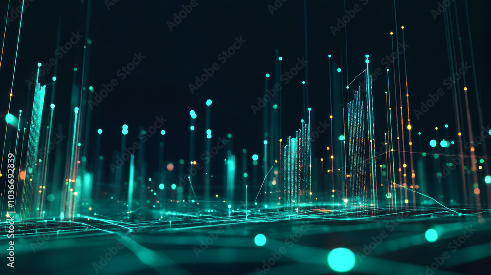 Poster abstract digital landscape showcasing vibrant data visualizations with colorful dots and lines repre