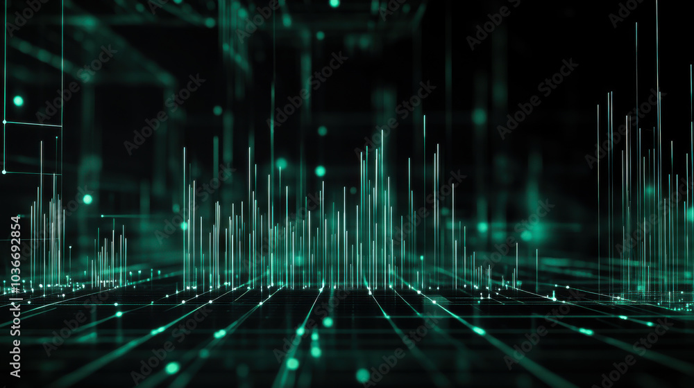 Poster abstract digital landscape showcasing vibrant data visualizations with colorful dots and lines repre