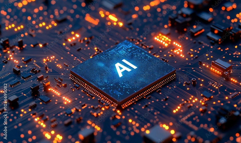 Poster close-up view of a microchip with glowing circuits and the letters 'ai' prominently displayed, symbo