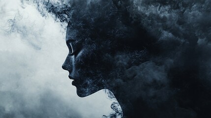 A silhouette of a woman surrounded by swirling dark smoke, symbolizing mystery and introspection against a muted backdrop.