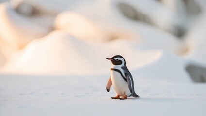 Naklejka premium A focused image of a miniature penguin amidst snow with illumination on its chest and an indistinct backdrop.