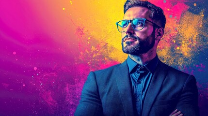 Fototapeta premium A man in a suit and glasses stands in front of a colorful background.
