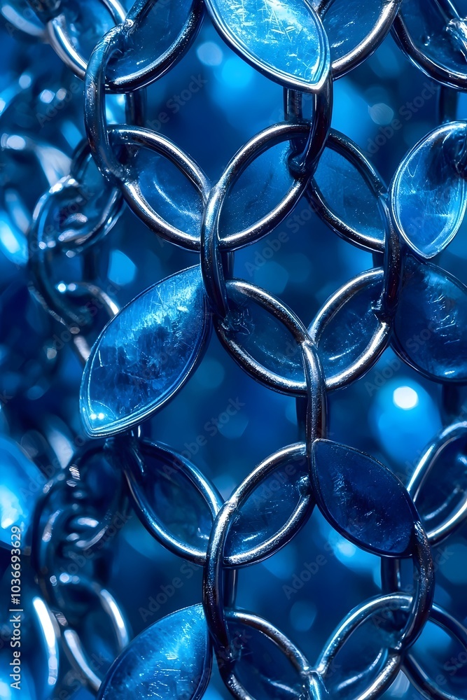 Poster close-up of radiant blue metallic chain links, creating a captivating texture. the shiny surface add