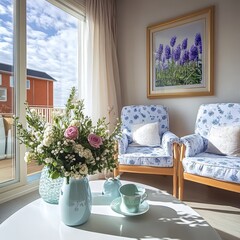 Naklejka premium Cozy Living Room Corner With Floral Bouquet, Two Armchairs by The Window. Bright Sunny Day