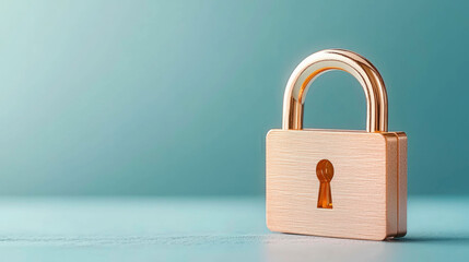 Naklejka premium A simple, elegant padlock in gold sits against a soft blue backdrop, symbolizing strong security and trust. Perfect for conveying the concepts of safety, protection, and secure access.