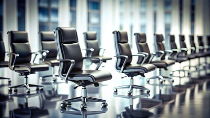 Obraz premium The minimalist design of black and white chairs represents professionalism in an HR setting, perfect for recruitment themes in tilt-shift photography, creating an impactful workplace ambiance.