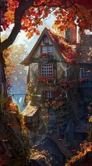 Fototapeta premium Enchanted Medieval Village in Autumn: A Dreamy Digital Illustration
