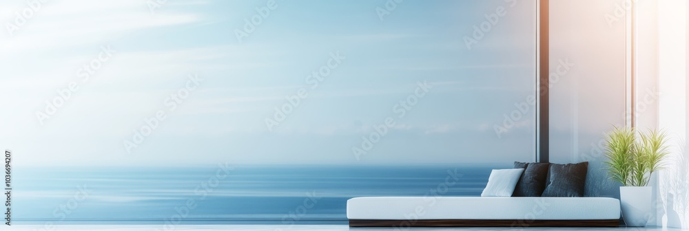 Poster minimalistic white sofa by large window facing ocean view. sky with natural light. 3d rendering