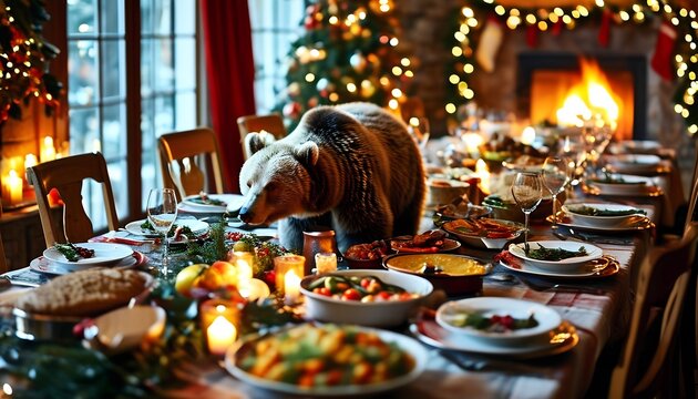 A cozy winter feast a bear joins the festive table amidst holiday decor and culinary delights in a charming cabin setting