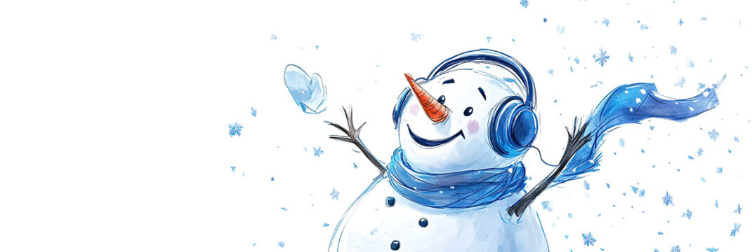 Hintergrund Banner mit einem Schneemann mit M&uuml;tze, Schal und Kopfh&ouml;rer, Textfreiraum