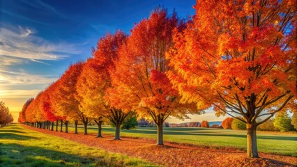Naklejka premium Autumn Foliage in a Row of Trees Under Blue Sky â€“ Low Light Photography for Nature Lovers, Scenic Landscapes, Fall Colors, Tranquil Settings, and Outdoor Beauty