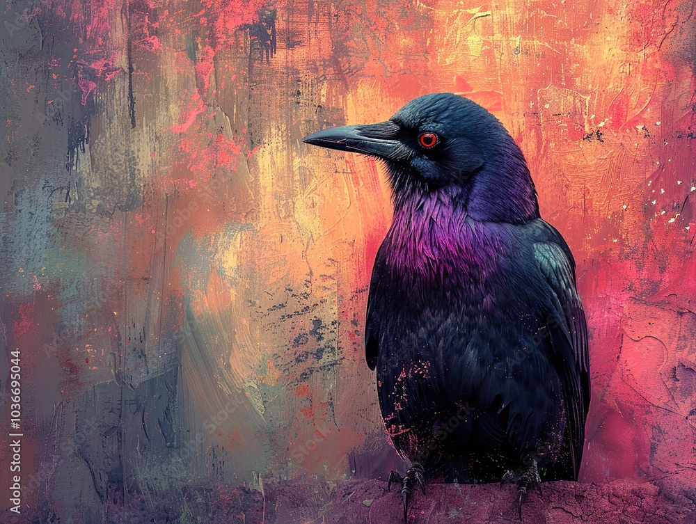 Wall mural Black Crow with Purple Feathers on Abstract Background