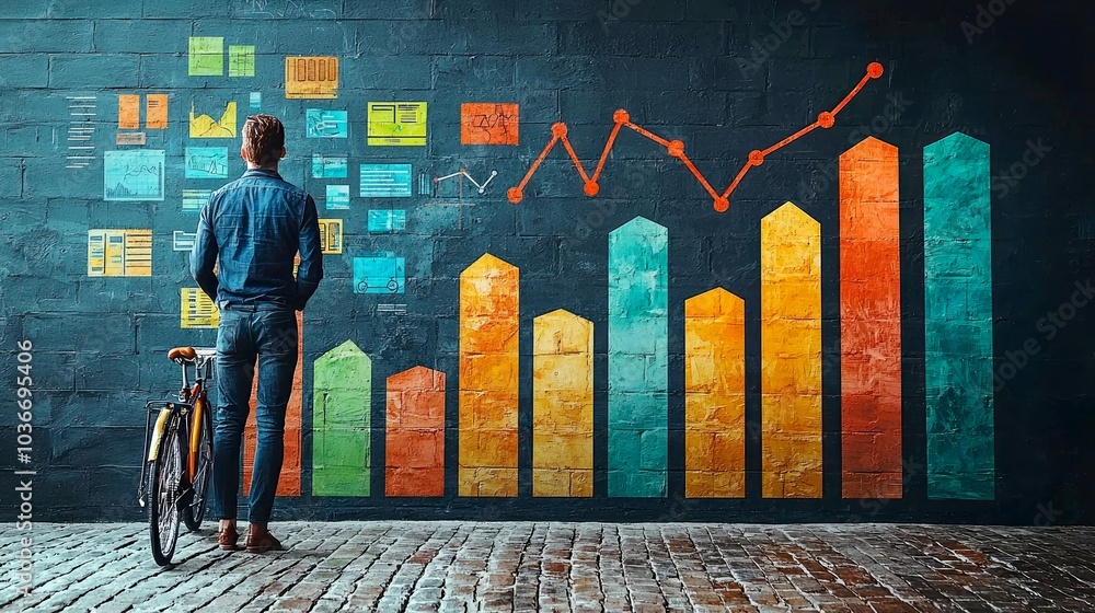 Poster a man stands in front of a wall with a colorful bar graph and a line graph painted on it, looking at