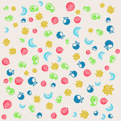Fruit icons in pattren design pattern with various colors and shapes