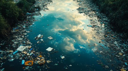 Fototapeta premium Polluted waterway filled with waste during late afternoon sunlight in a rural area