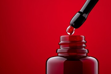 Bottle of red nail polish with a dropper in it. The bottle is almost empty and the dropper is almost full