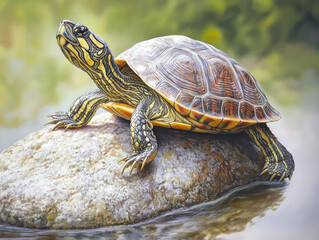 Obraz premium Turtle Basking on a Rock, Beautifully Detailed in Its Natural Habitat