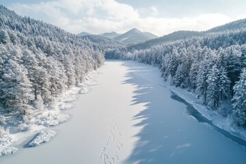 Aerial view of a frozen lake surrounded by snow-covered pine trees, with footprints on the ice and distant mountains under a cold winter sky, showing the beauty of nature in a frozen landscape.
