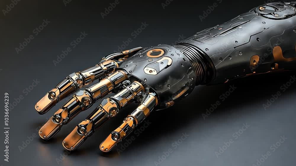 Poster this robotic hand features advanced mechanics and a sleek aesthetic, representing modern innovation.