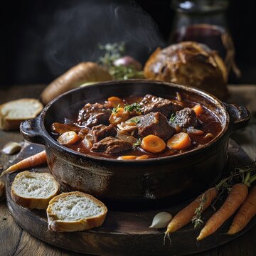 Food photography of boeuf en daube, a bowl filled with steaming beef and vegetables in a red wine sauce on an old wooden table