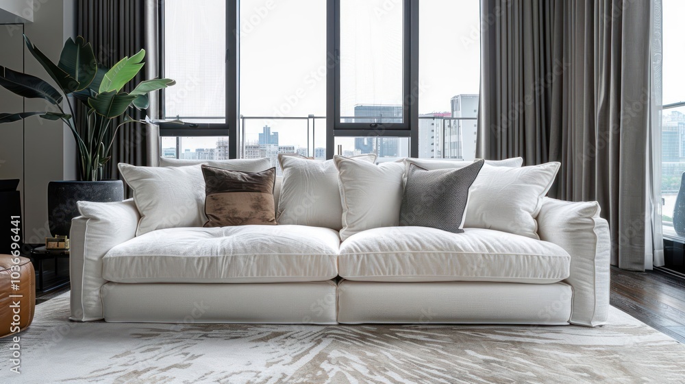 Poster a modern white sofa with plush cushions and throw pillows sits on a patterned rug in front of large 
