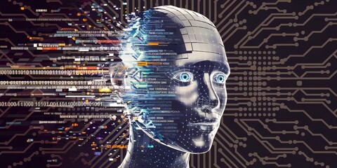 Futuristic Digital Human Head with Circuit Board Interface. Abstract digital intelligence concept with futuristic AI brain network, data streams, and technological elements.