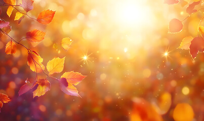 Fototapeta premium Fall background. Autumn colorful leaves and sun flares