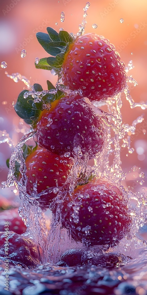 Poster a dynamic burst of fresh red strawberries splashing in water, creating an energetic and refreshing s