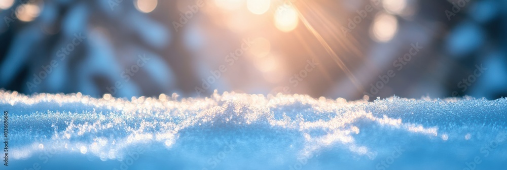 Poster Soft sunlight filters through trees, highlighting the intricate textures of freshly fallen snow, creating a serene winter atmosphere. Generative AI