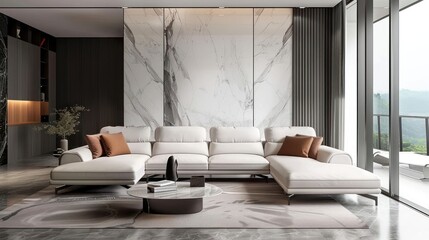Modern living room with white sectional sofa, marble wall, and large windows.