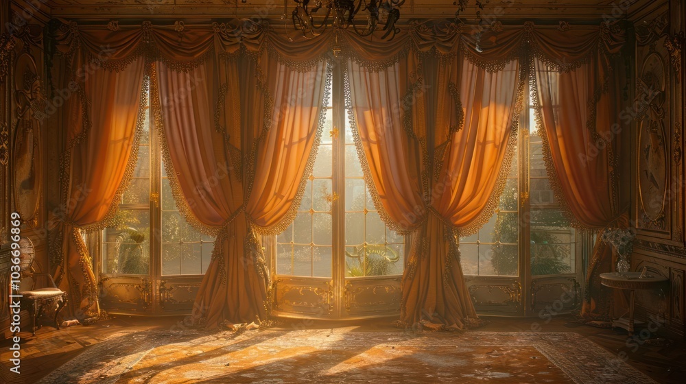 Poster sunlight streams through large windows with flowing curtains in a grand, ornate room.