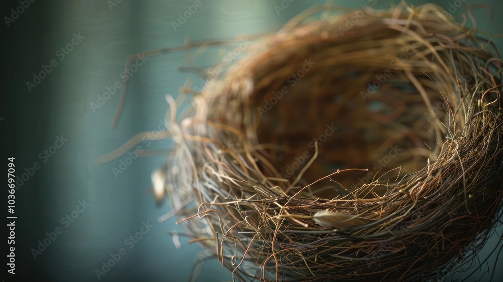 Poster an empty bird nest made of twigs, isolated on a blue background.