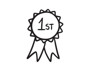 First place, winner reward, rosette hand drawn doodle icon. Medal number 1 icon Simple vector sign.