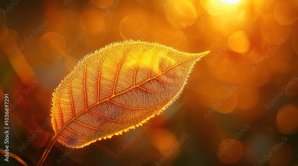 Poster a single, golden leaf with intricate veins illuminated by the warm glow of the setting sun, creating