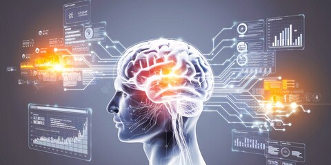 Human Brain Connected to Futuristic Interface. A stylized image of a human head and brain, overlaid with glowing digital interfaces and circuit board patterns.