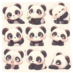 Obraz premium A delightful collection of cute, animated baby pandas showcasing various adorable poses and expressions, adding a playful and whimsical touch to any design.