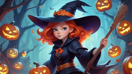 A young witch with red hair and blue eyes stands in a forest with pumpkins and a broom.