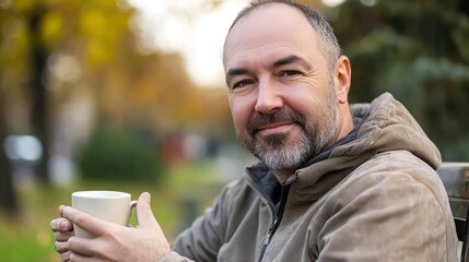 Fototapeta premium Middle-aged man with slight tremor holding cup of coffee on park bench, symbolizing struggle with Parkinson's disease, calm natural setting.
