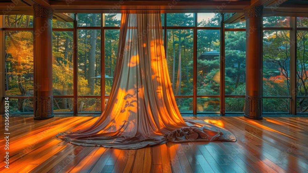 Poster sunbeams streaming through a sheer curtain, illuminating a wooden floor and casting shadows on the w