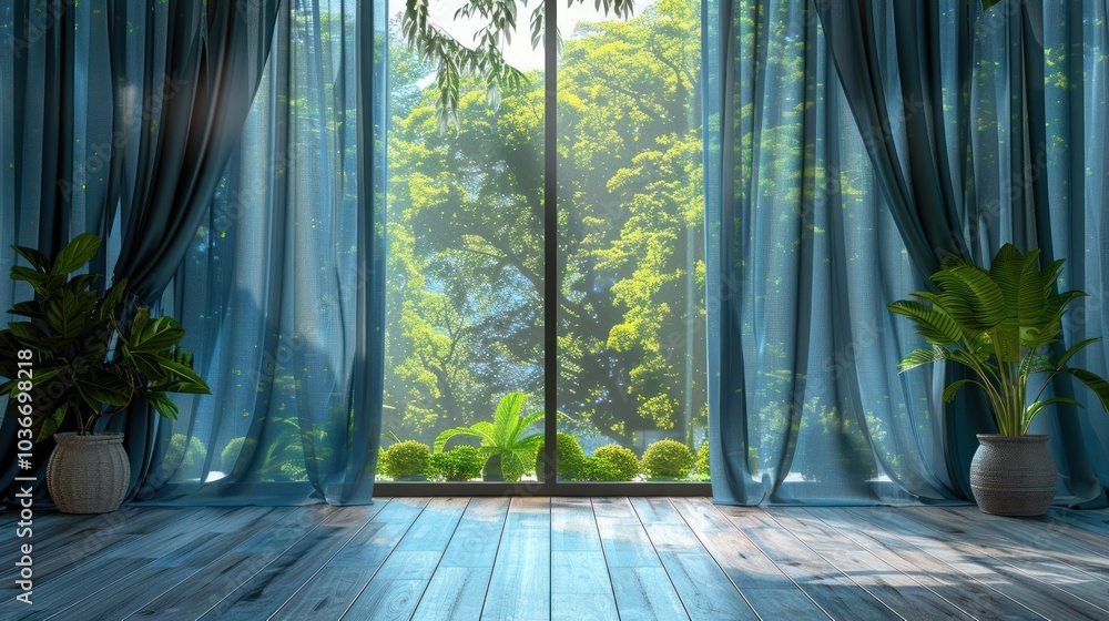 Poster Sunlight streams through sheer curtains in a room with a view of lush greenery.